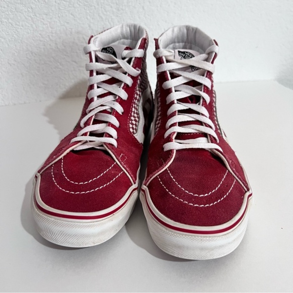 Vans SK8-HI Mix Checker Chili Pepper Red & White Suede HiTops Sneakers M 7 W 8.5